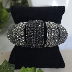 Vintahe Oxidized Silver Crystal Dome Clamper Hinge Bracelet